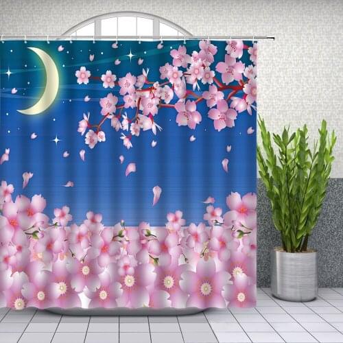 Spring Flower Scenery Shower Curtains Cherry Blossoms Moon Stars Bathroom Decor Waterproof Mildew Proof Cloth Curtain Set Cheap