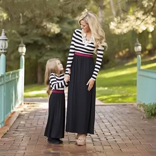 Fall Winter Family Matching Mother Daughter Dresses Mommy and Me Patchwork Striped Long Dress Mother Kids Clothes Family Look