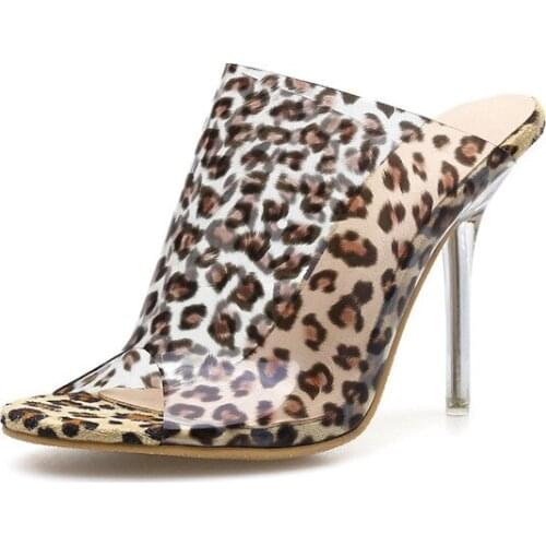 Women sandals PVC Slip On 11cm Thin Heels High heels Peep Toe Shallow women shoes sandalias mujer 2020 women shoes Leopard print