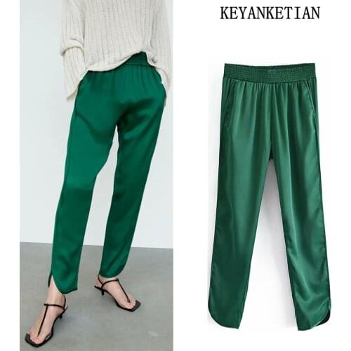 KEYANKETIAN ZA Green casual straight split hem pants womens elastic high-waist temperament straight-leg pants womens autumn