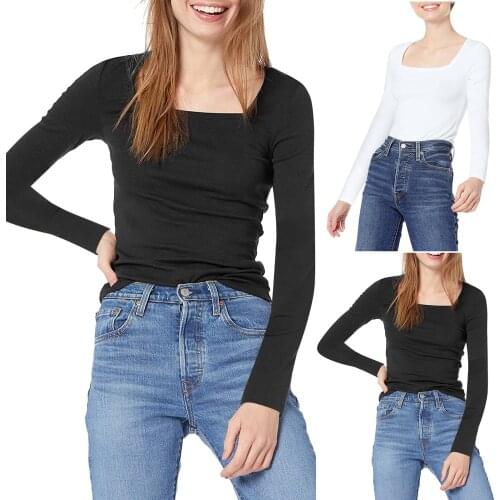 Women Long Sleeve Square Neck Tops Sexy T-shirt Slim Clavicle Exposed Shirt Fashion Casual Solid Color Daily Girls T-shirt
