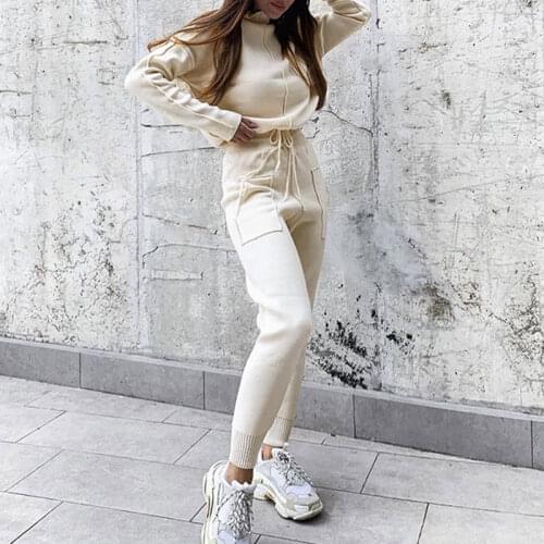 Women Sweater Suit Track Costume 2 Pieces Sets Casual Autumn Winter Turtleneck Pullovers And Long Knitted Pants Knitted Sets