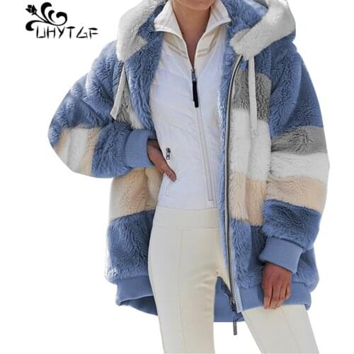 UHYTGF Winter Womens Coat Fashion Casual Plaid Ladies Clothes Hooded Tops Zipper Ladies Coat Cashmere Women Jacket Outerwear 970