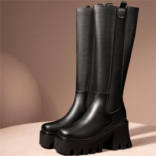 Winter Thigh High Booties Women Genuine Leather High Heel Motorcycle Boots Female Round Toe Chunky Platform Pumps Casual Shoes