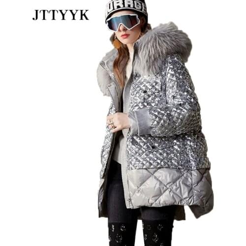 2021 Winter Clothes Women Down Coats Thick Sequin Stitching Fashion Warm Outwear Hooded Mid Long Ladies Puffer Jacket Parkas