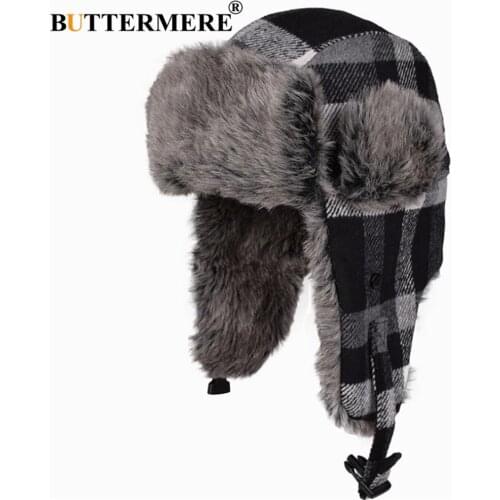 BUTTERMERE Winter Bomber Hat Women Men Grey Plaid Russian Ushanka Hats Warm Thick Ski Male Female Outdoor Earflap Trapper Hat