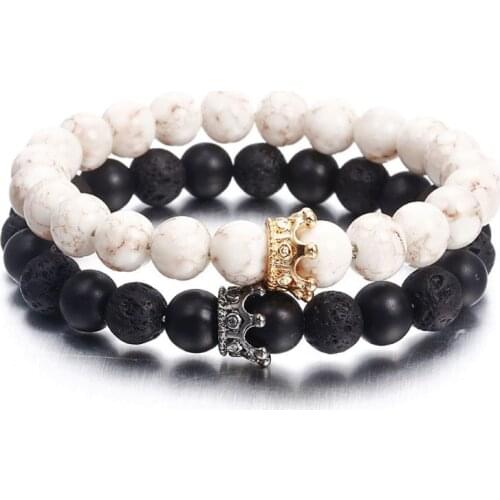 1 Set Adjustable Couple Bracelets Black Natural Stone Beads Crown Bracelets Lover Jewelry