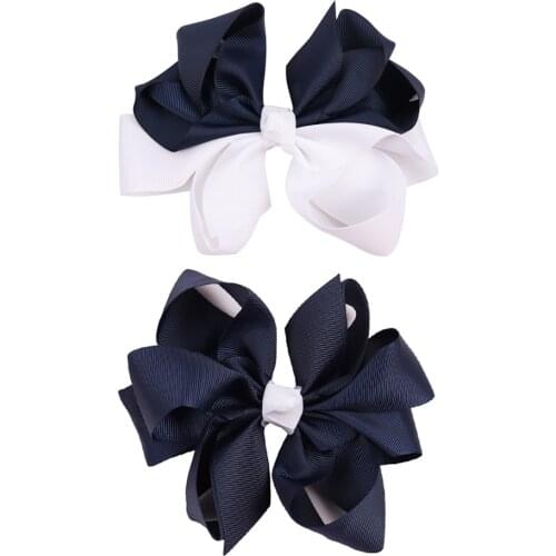 2 pcs/lot 5.5" Hair Bows With Clips White And Navy Colors Hair Clips Grosgrain Ribbon Hairgrips Handmade Hair Accessories