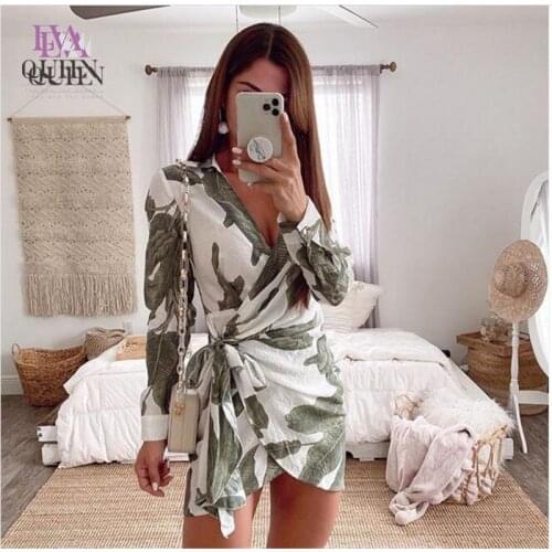 EvaQueen Leaf Print Elegant Dress V Neck High Waist Tie Bow Slim Mini Dresses Female Long Sleeves Summer Sexy Bodycon Vestidos