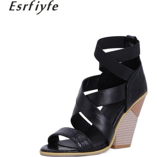 ESRFIYFE 2021 New Summer Women Sandals High Heels Peep Toe Shoes Woman Stone Grain Back Zipper Party Shoes Large Size 34-48
