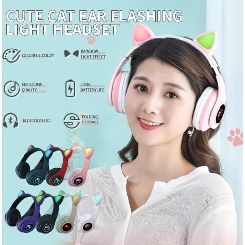 LED Bluetooth 5.0 Headset Cute Cat Ear Earphone With Microphone For PC Laptop Phone Games PUBG HiFi Powerful Bass Stereo Sound