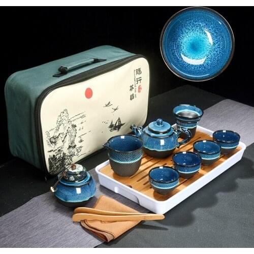 Chinese Tea Set Blue Amber Glaze Ceramic Jingdezhen temmoku glaze Exquisite Set Kung Fu Tea Cup portable Teapot Gaiwan Tea Cups