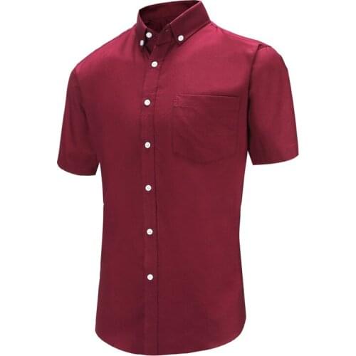 2019 New Summer Jeetoo Men Shirts Male Short Sleeved Oxford Solid Color Gray Wine Cotton Slim Fit Mens Business Casual Shirt