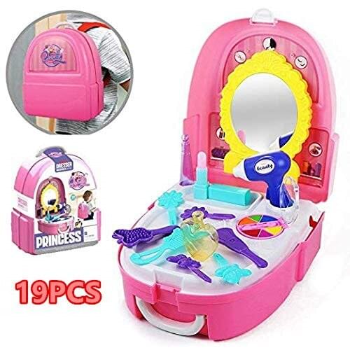 Pretend Play Make up Kit Little Girls Dress-up Fake Cosmetic Set with Storage Backpack Box 19 Pcs Kids Beauty Salon