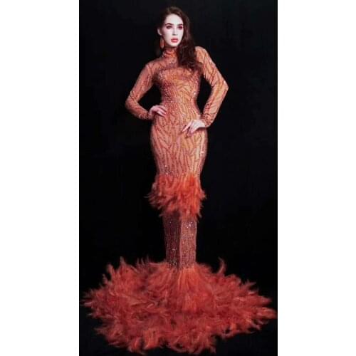 New Shiny Rhinestone Feather Long Dress Women Evening Party Elegant Stage Dress Nightclub Singer Performance Outfit DQL1643