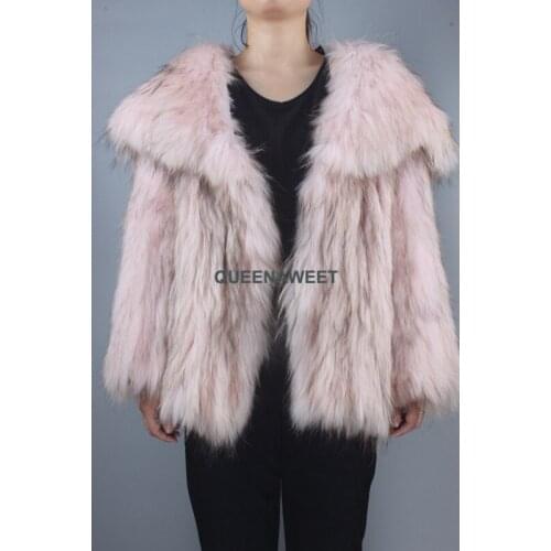 New Arrival Real Fur Raccoon Fur Coat Knit Raccoon Fur Jacket With Pocket Women Big Wing Collar Overcoat