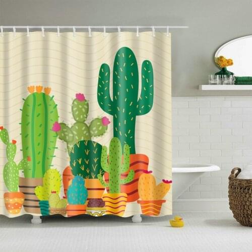 Cartoon Cactus Orange Shower Curtain Set with 12 Hooks Natural Plants Bathroom Decoration Washable Polyester Fabric