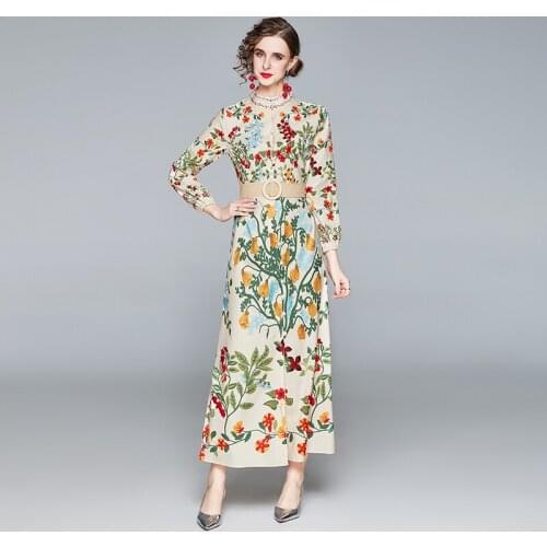 Autumn Runway Maxi Dress Womens Long Sleeve Stand Sashes Single Breasted Flowers Print Party Long Dress Robe Longue Femme