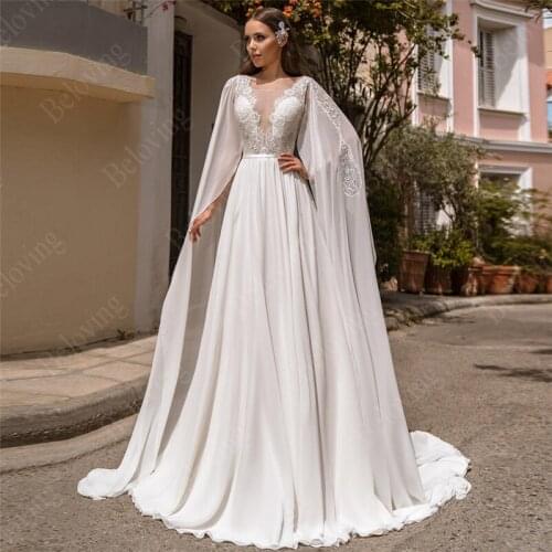 Fascinating Chiffon Wedding Dresses 2021 Detachable Shoulder Cape Bride Sleeveless Lace Applique Bridal Gowns Vestido De Noiva