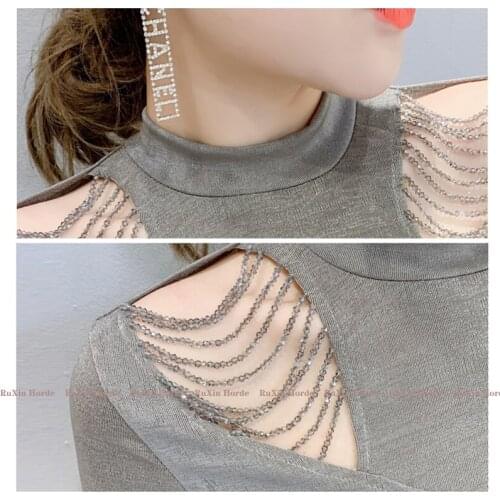 European T-Shirt Hollow Out New Winter Heavy Beading Fashion High Collar Sexy Long Sleeve Pullover Render Unlined Garment Women