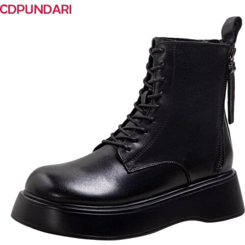 Ladies Black Genuine Leather Med Heels Platform Ankle Boots Women Autumn Winter Martin Short Boots Shoes Bottes Plateforme