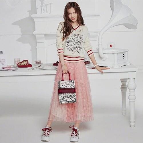 Runway Designer New Fashion High Quality Autumn Party Letter V-Neck Sweater Tops Pink Mesh Half Skirt Elegant WomenS Sets