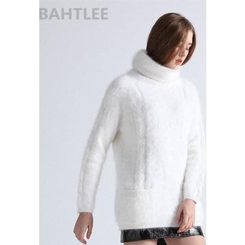 BAHTLEE winter women angora pullovers Jumper sweater turtleneck mink cashmere knitting pockets Long sleeves keep warm loosefir