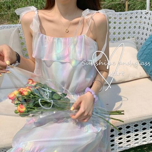 Camisole Rainbow Dress Women Colorful Lovely Ruffles Femme Spaghetti Strap Vestidos Korean Chic Ladies Beach Party Sundress