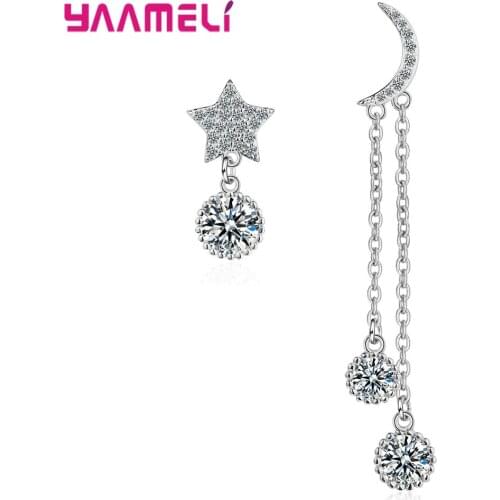100% Solid Real 925 Sterling Silver Crystal Inlay Paved Moon Star Asymmetric Stud Earrings for Women Girls Pendientes Brincos