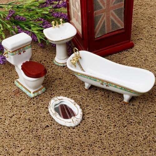 4Pcs Dollhouse Miniature Ceramic Bathroom Bathtub Toilet Basin Brush Stand Mirror #1