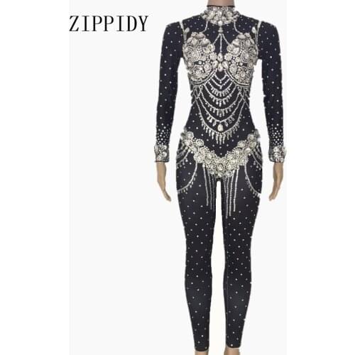 Shining Crystals Black Jumpsuit Womens Evening Wear Celebrate Bodysuit Bright Rhinestones Costume Female Singer Birthday Outfit