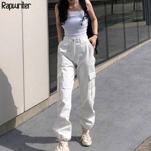 Rapwriter Streeetwear Elastic High Waist Cargo Pants Women 2020 Casual Solid Harajuku Drawstring Joggers Trousers Pocket Female