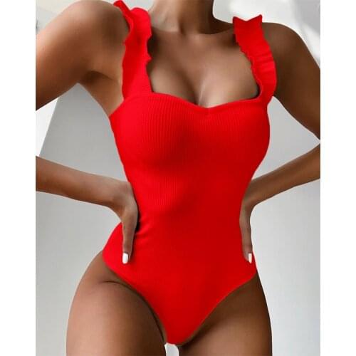 One piece swimwear black swimming suit women bikinis red high waist beachwear set 2021 sexy Pleated shoulder strap bathing suit