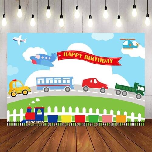 Boys car background happy brithday party backdrop Plane Ship Train Bus Transportation birthday Theme party decoration prop
