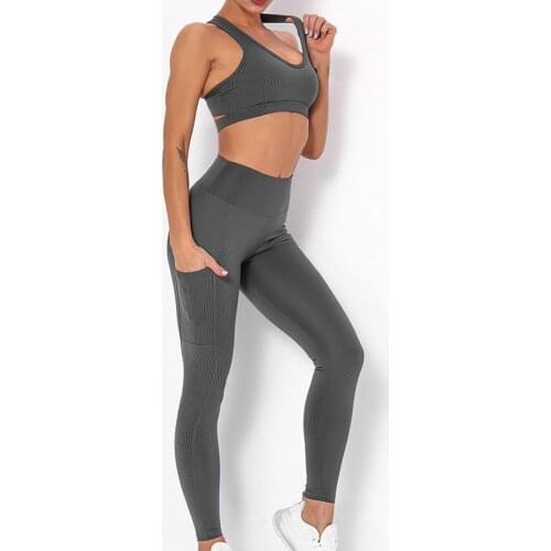 Women Sexy Yoga Sports Suit with Pockets Workout Shirts Sport Pants Workout Outfit Fitness Active Wear Running Wear
