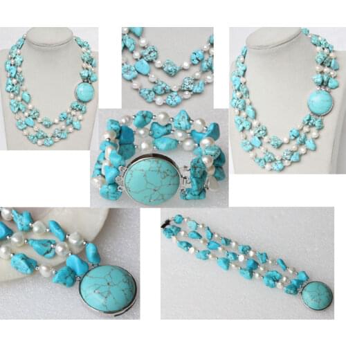 JQHS Natural 3row baroque white pearls blue turquoises bracelet beads Strand knotted necklace j11264-3