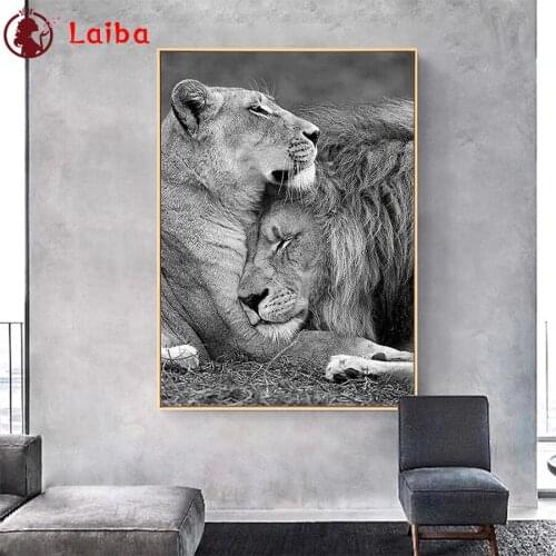5d photo Round Diamond Painting Modern animal art, black and white lion lovers Full Drill Square Mosaic Home Decor Handmade