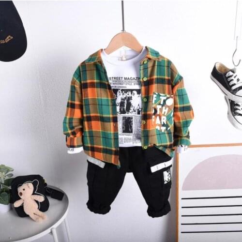 Kids Sport Suit 2-7Years Boys Clothing Sets Children Fashion Cartoon Baby Long Sleeve Plaid Shirt + T-Shirts+ Pants 3pcs Outfits