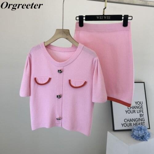Summer Small fragrance style Pink Knit Suit Female Casual Fashion Diamond Flower Button Pullover Tops and Mini Skirt 2 piece set