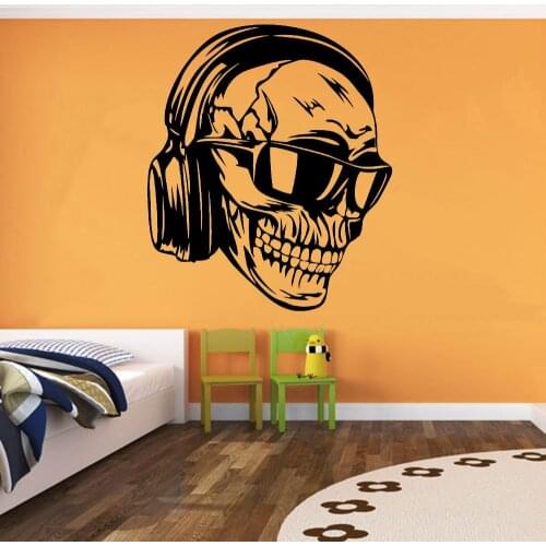 Music Wall Decals Skeleton Skull With Headphones Glasses Wall Stickers Decor Teen Bedroom Vinyl Wall Paper For Musician Pub Y398