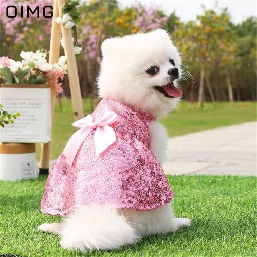 OIMG Pink Sequins Dog Wedding Dress Princess Pet Cat Dress Puppy Clothing Luxury Party Small Dog Clothes For Pomeranian Spitz
