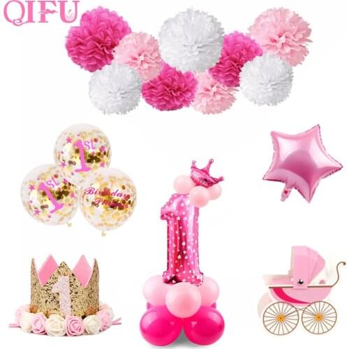 QIFU 1 Birthday Girl Party Decorations Kids First Birthday Decor Banner Birthday Balloons One Year Old 1st Birthday Decorations