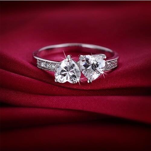 Luxury Silver Color Jewelry Two White Cystal Love Heart Romantic Finger Ring for Women Wedding Jewelry Gift Bague Femme