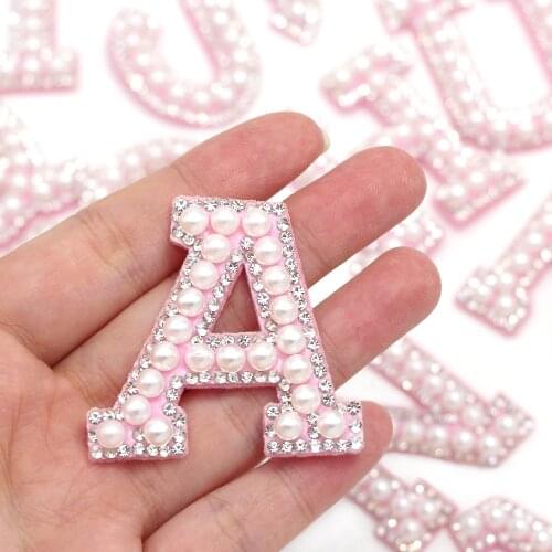Pink Base Pearl Letter Patches For DIY Cute Hats 1pcs Clear Crystal Alphabet Patches For Clothes Sewing Accessories