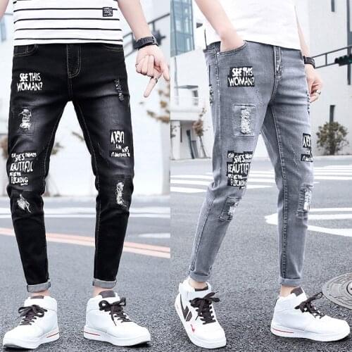 2021 Men’s Korea Version Ripped Denim Pants,Beggar Style Printed&Washed Ankle-length Pencil Jeans,Youth Fashion Must