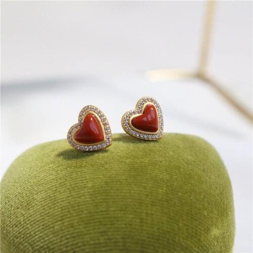 S925 Sterling Silver Southern Red Agate Double Layer Peach Heart Stud Earring Natural Hetian Jade Earrings Fashion Ornament for