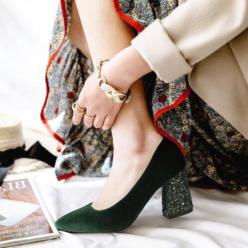 New Female 7.5cm High Glitter Heels Block Pumps Ladies Sexy Chunky Tacones Heels Woman Scarpin Elegant Party Wedding Shoes 32-43