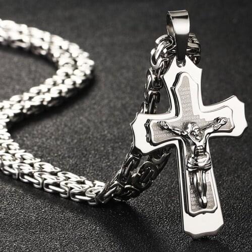 Bible Silver Color Jesus Cross Stainless Steel Pendants Necklaces Byzantine Long Chain Necklace for Men Jewelry colar collier