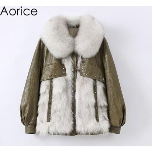 Aorice Women Genuine Sheep Leather Coat Jacket Female Girl Winter Real Fox Fur Jackets Parka OverCoats CT132