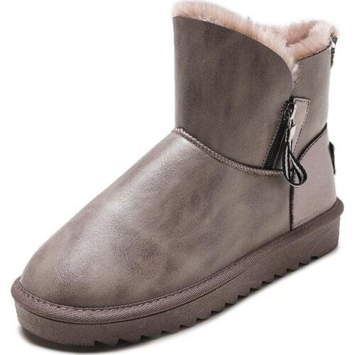 2021Women Leather Snow Boots Short Fur Flat Comfortable Ladies Warm Cotton Shoes Wearable Non-Slip Plus Velvet Chaussures Femme